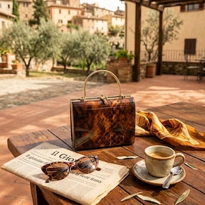 Borsa vintage italiana di metà secolo in vinile tartarugato color ambra con manico superiore / Borsa vintage anni '60 in finta pelle di serpente laminata