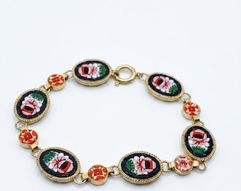 Vintage Italian Micro Mosaic Floral Bracelet – Mid-Century Glass Tesserae Gold-Tone Link Jewelry