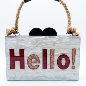 Handmade Acrylic Box Clutch with Jute Rope Handle - White Marble "Hello!" Statement Bag - Nautical Evening Purse - Glitter Lettering