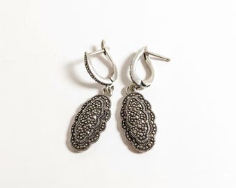 Vintage Marcasite Teardrop Earrings, Sterling Silver Art Deco Style Dangle Earrings, Victorian Revival Jewelry, Retro Evening Drop Earrings