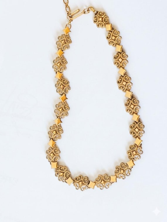Vintage 1971 Signed AVON Precious Pretenders Necklace - Gold Filigree & Diamond Link Choker - First Edition Collection - Gift for Her