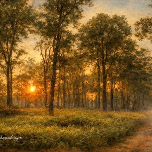 May include: An oil painting of a forest scene at sunset. Tall trees with green leaves frame a dirt path leading into the distance. The sun is a bright orange orb, casting a warm glow.