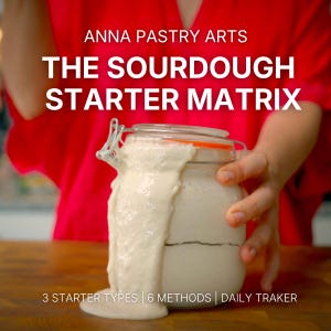 May include: A clear glass jar with a metal wire bail closure containing sourdough starter that is overflowing down the side. The text ANNA PASTRY ARTS THE SOURDOUGH STARTER MATRIX 3 STARTER TYPES 6 METHODS DAILY TRAKER is printed on the image.