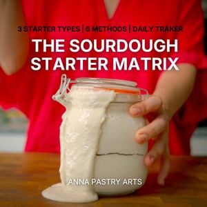 Könnte beinhalten: Ein durchsichtiges Glas mit einem Drahtbügelverschluss, das Sauerteigstarter enthält, der an der Seite herunterläuft. Der Text lautet: 3 STARTER TYPES | 6 METHODS | DAILY TRAKER, THE SOURDOUGH STARTER MATRIX und ANNA PASTRY ARTS.