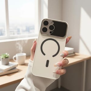 May include: A white phone case featuring a black circular design and a small black rectangle. The case has a silver camera frame and a black camera section. The phone case is held in a hand.