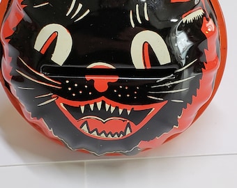 Vintage 1950's NOS USA Kirchof "Life of The Party" Tin rattler Halloween party noisemaker hissing black cat face with wooden handle