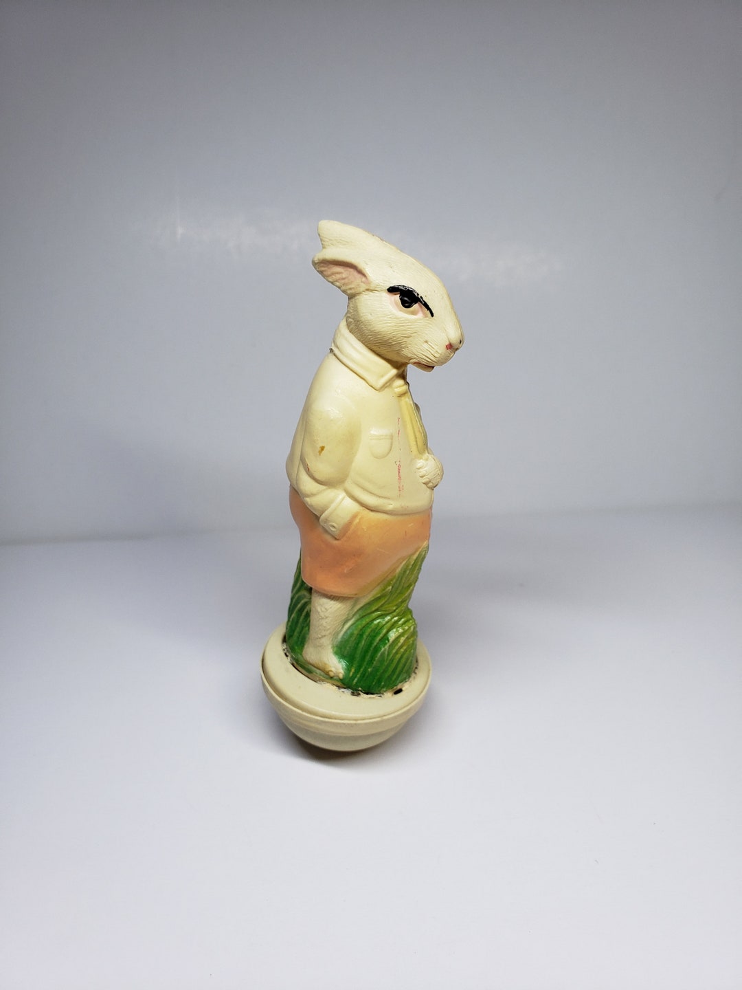 Viscoloid Roly Poly Rabbit Antique 1920's Viscoloid Easter Rabbit Dressed in Tie Holding Basket of ...