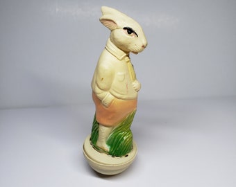 Antique 1920's Viscoloid Easter Rabbit dressed in tie holding basket of eggs Celluloid roly poly figurine toy in near mint condition