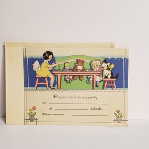 Unused vintage 1920's-30's silver gilded Children's party invitation little girl having a tea party with dolls and teddy bear and pet dog