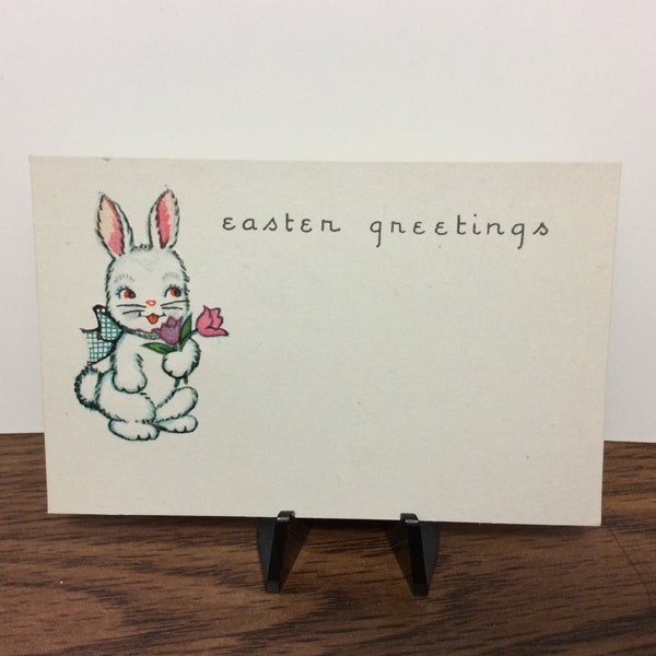 Adorable unused 1930’s-40’s Easter Greetings gift card or place card with a darling embossed rabbit wearing a bow and holding tulips