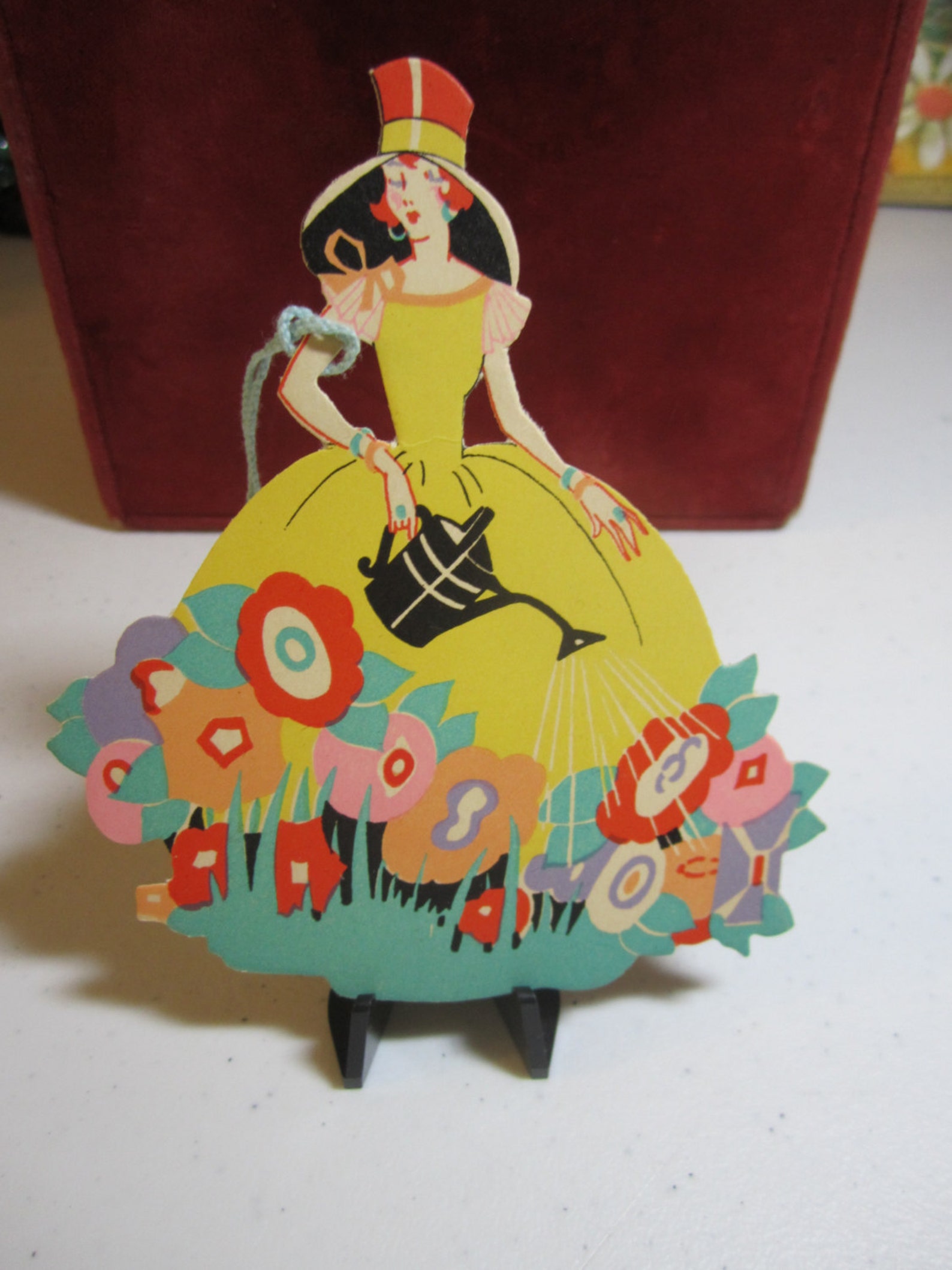 1920's-30's Deco Die Cut Gibson Bridge Tally Card Lady in Big Yellow ...