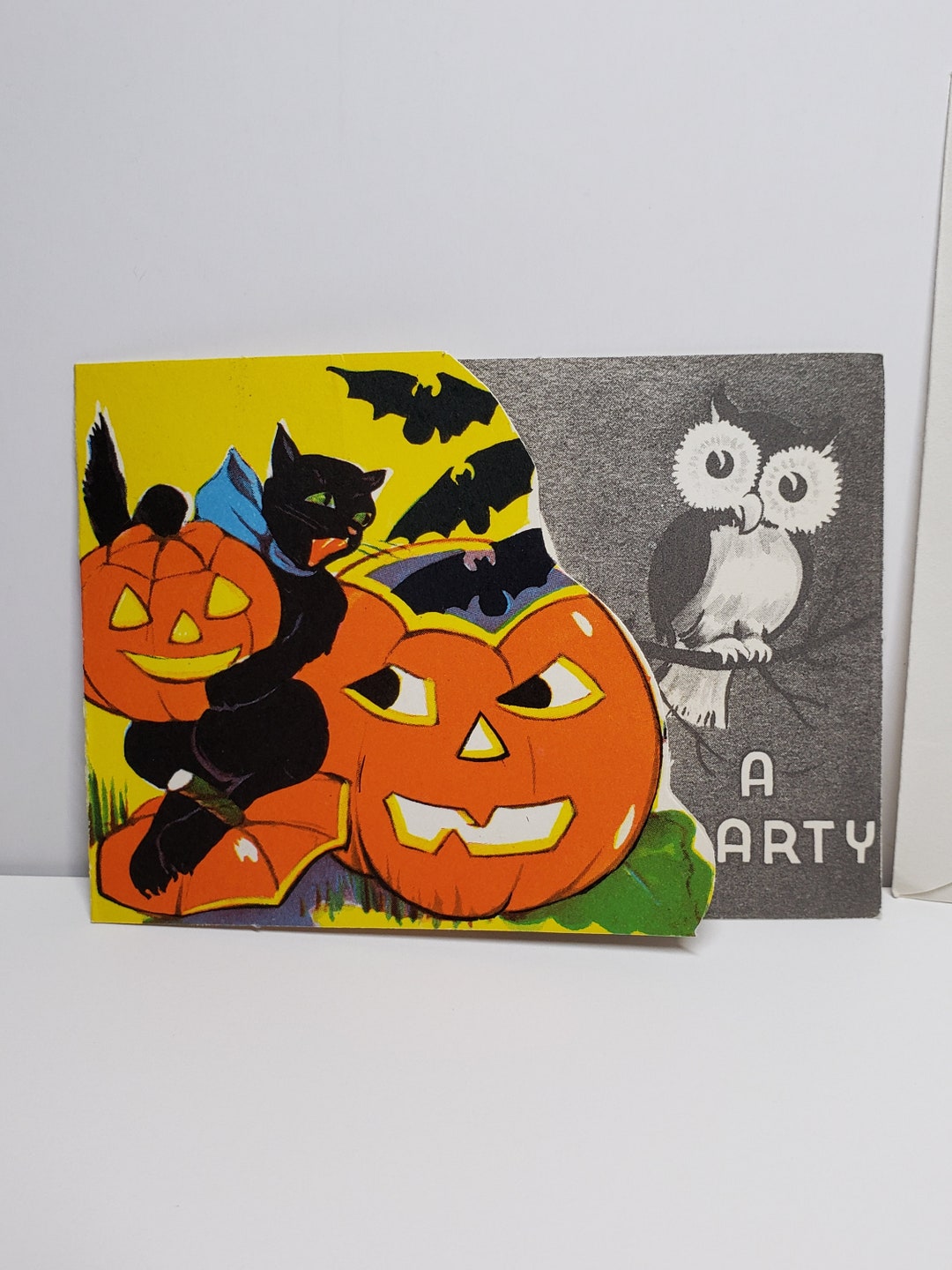 1940's Unused Die Cut Halloween Party Invitation Black Cat Holds Small ...