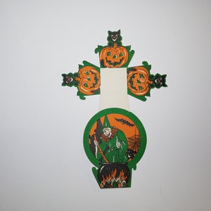 Vintage unused 1920's die cut Halloween nut cup party favor ugly witch stirring her cauldron black cats ,jack o lanterns, bat, spiderweb