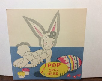 Cute unused 1950's-60's mid century die cut easter place card man in easter bunny suit painting eggs card reads mom sits here