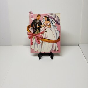 Vintage 1940's-50's unused die cut wedding bride and groom theme bridge tally card w/ large gold ring