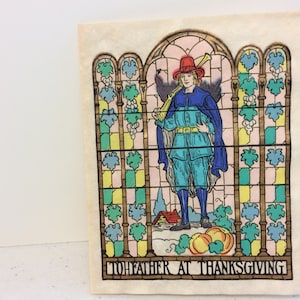 Vintage NOS unused art deco hand colored gold gilded Rustcraft parchment 1930&#39;s thanksgiving greeting card pilgrim framed in stained glass