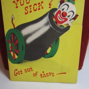 Colorful unused die cut novelty pop up 1950&#39;s Norcross get well card clown getting shot out of cannon A Circus Card