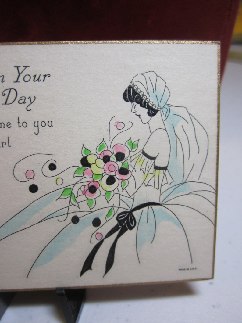 Beautiful 1920/'s-30/'s art deco hand colored gold gilded wedding gift card profile of bride in her wedding dress and veil holding bouquet