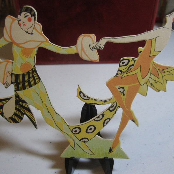 Gorgeous art deco 1920's  unused Buzza die cut decoration or place card pierrot and flapper ballerina dancing