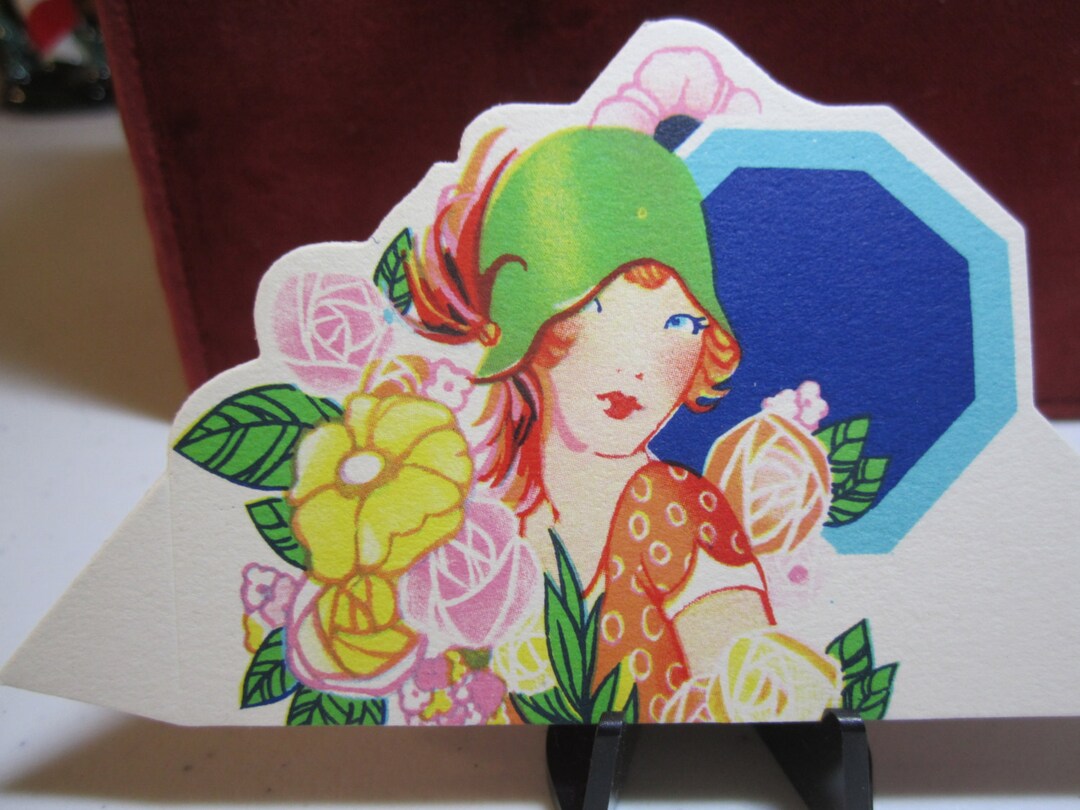 Gorgeous Colorful Art Deco Unused Die Cut Place Card Pretty Redhead ...