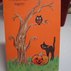 May include: A vintage Halloween party invitation card with an orange background. A cartoon tree with a smiling face, a black cat, an owl, and a jack-o-lantern are depicted. The text "A HALLOWEEN PARTY!" is printed at the top.