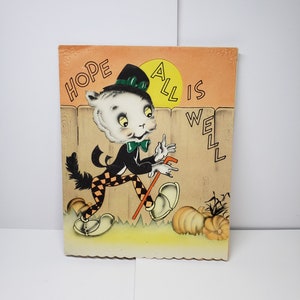 May include: A vintage greeting card featuring a cartoon character dressed in a black suit, green bow tie, and a black top hat. The character is walking with a cane and the text "Hope All is Well" is written on the card.