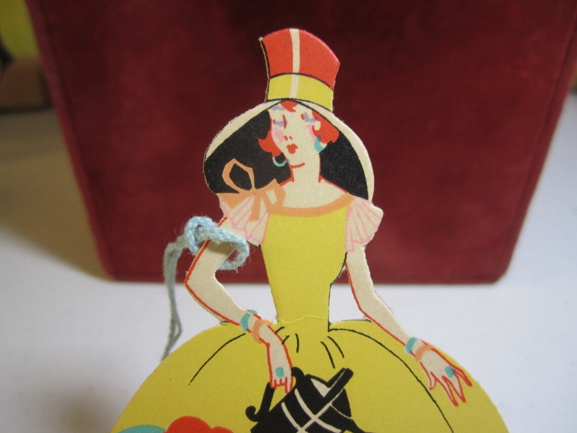 1920's-30's Deco Die Cut Gibson Bridge Tally Card Lady in Big Yellow ...