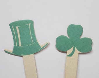 Vintage 1920's-30's unused Buzza die cut St Patrick's Day set of decorative picks green top hat and green clover, shamrock ,crafts parties