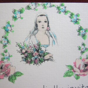 May include: A vintage wedding invitation with a woman in a white dress holding a bouquet of flowers. The woman is surrounded by a wreath of blue flowers and green leaves. The text "You are invited" is visible at the bottom of the card.