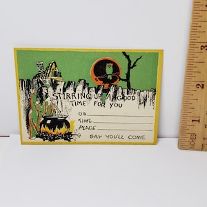 Vintage 1930&#39;s unused halloween party invitation ugly witch in green stirs her black cauldron outside her house red Crescent moon man ,owl