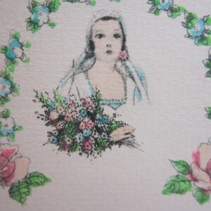 May include: A vintage bridal shower invitation with a hand-drawn illustration of a bride in a white dress holding a bouquet of flowers. The bride is surrounded by a wreath of blue and green flowers.
