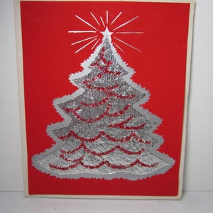 Gorgeous mid century 1940&#39;s-50&#39;s Doehla Fine Arts Christmas card with die cut silver textured christmas tree with red glitter accent
