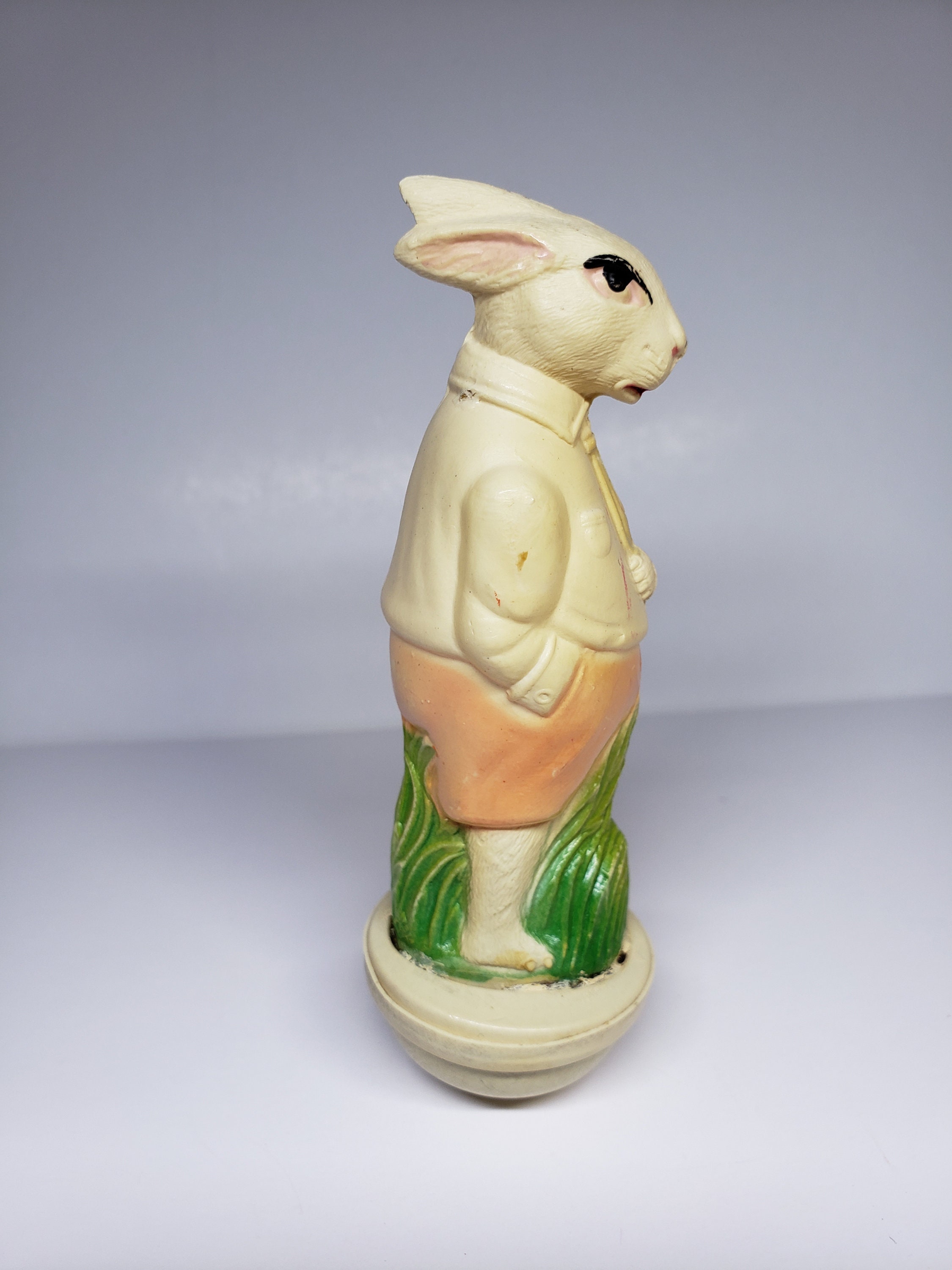 Viscoloid Roly Poly Rabbit Antique 1920's Viscoloid Easter Rabbit Dressed in Tie Holding Basket of ...