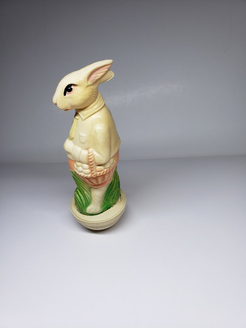 Viscoloid Roly Poly Rabbit Antique 1920's Viscoloid Easter Rabbit Dressed in Tie Holding Basket of ...