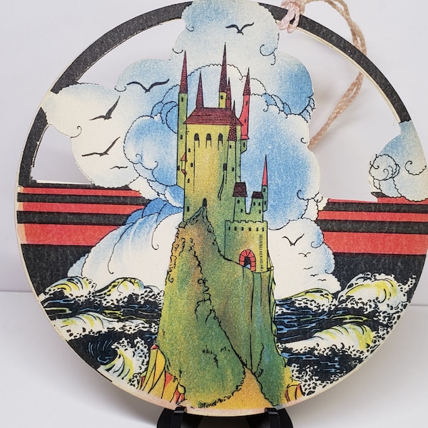 Art Deco 1930's unused P.F. Volland round die cut bridge tally colorful medieval castle up on cliff overlooking ocean waves clouds seagulls