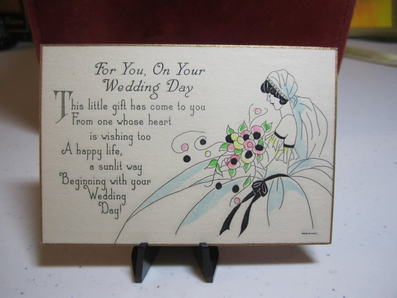 Beautiful 1920/'s-30/'s art deco hand colored gold gilded wedding gift card profile of bride in her wedding dress and veil holding bouquet