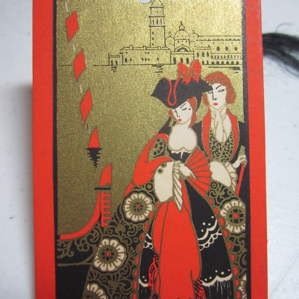 Colorful art deco 1920's-30's gold gilded Gibson bridge tally card dressed up 18th century venetian couple next to gondola titled In Venice