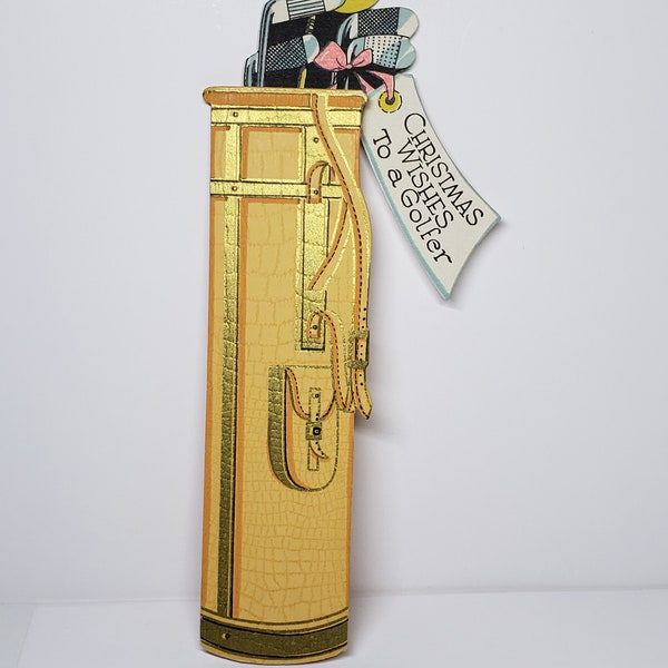 Fantastic Art Deco 1920's-30's embossed die cut gold gilded novelty Christmas Card in the shape of golf bag with clubs Christmas to Golfer