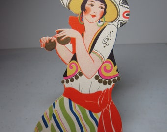 1920's Die cut Art Deco unused gold gilded bridge tally card Spanish girl  dressed in traditional clothing with large hat playing castanets