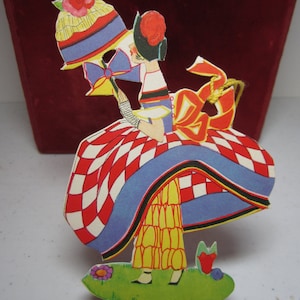 Gorgeous unused art deco 1920&#39;s-30&#39;s die cut The henderson line bridge tally deco lady in elaborate dress with pantaloons hat w/rose parasol
