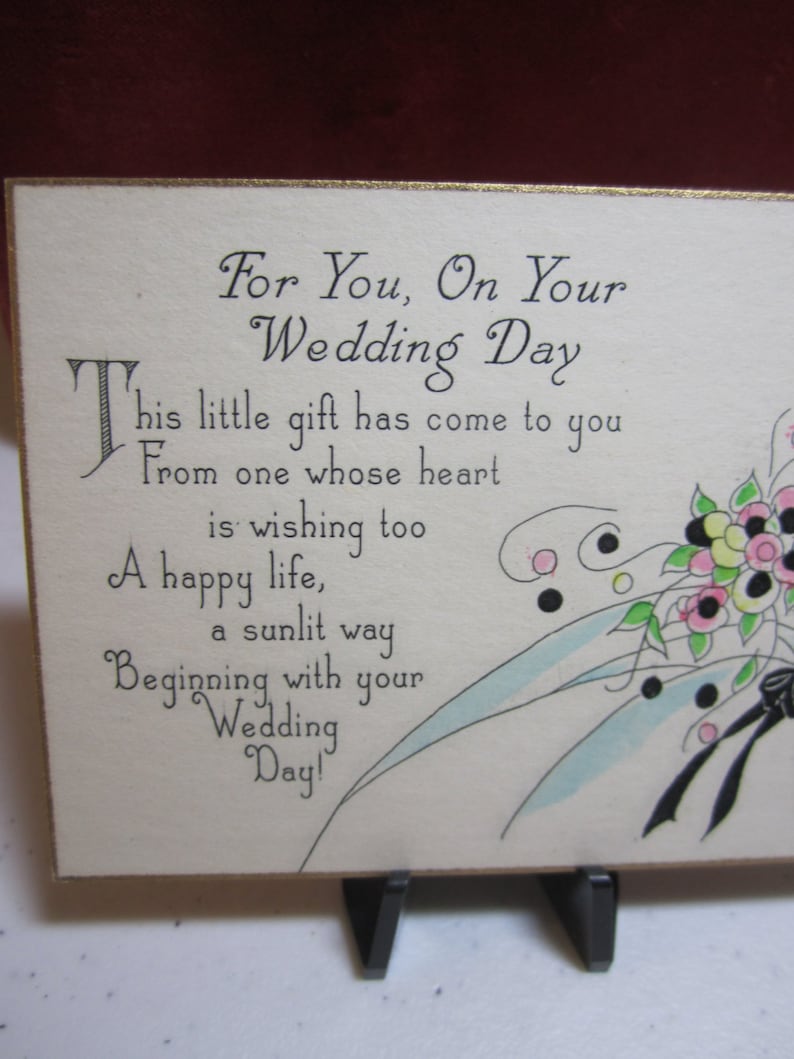 Beautiful 1920/'s-30/'s art deco hand colored gold gilded wedding gift card profile of bride in her wedding dress and veil holding bouquet