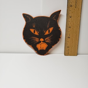 Vintage circa 1940's unused large die cut black cat hissing Halloween Decoration