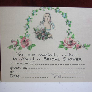 May include: A vintage bridal shower invitation card with a floral design and a bride in a white dress. The card has blank lines for the bride's name, the host's name, the date, and the time of the shower.
