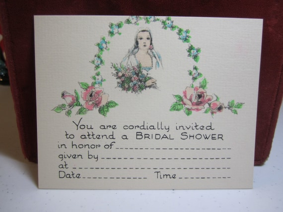 Art deco 1920's-30's unused bridal shower invitation and envelope colorful graphics of pretty bride with wedding bouquet framed in flowers