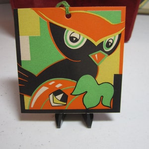 Vintage unused 1930's Gibson Halloween 1930's colorful art deco bridge tally with owl and jack o'lantern