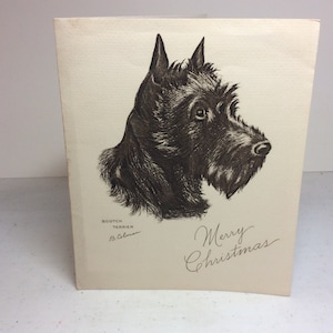 Wonderful art deco 1930&#39;s-40’s artist signed B. Colman christmas card shows a black scotch Terrier dog portrait