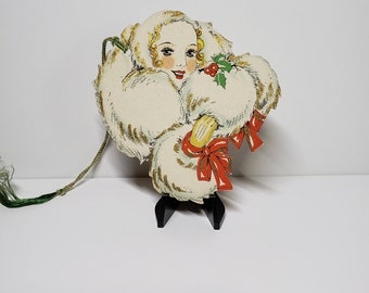 Art Deco unused 1920's die cut gold gilded Hallmark Christmas bridge tally Gorgeous blonde deco lady wears all white w/ red ties at wrist