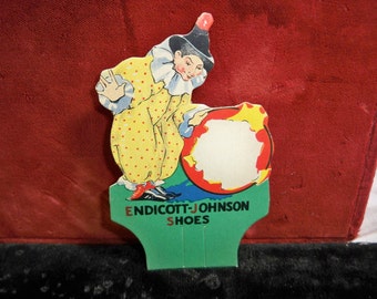 Art Deco 1920's Die cut advertising insert for Endicott-Johnson Shoes colorful clown graphics