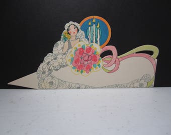 Gorgeous unused art deco 1920's-30's die cut Henderson Line wedding place card beautiful bride lacy gown, veil, colorful bouquet, candles