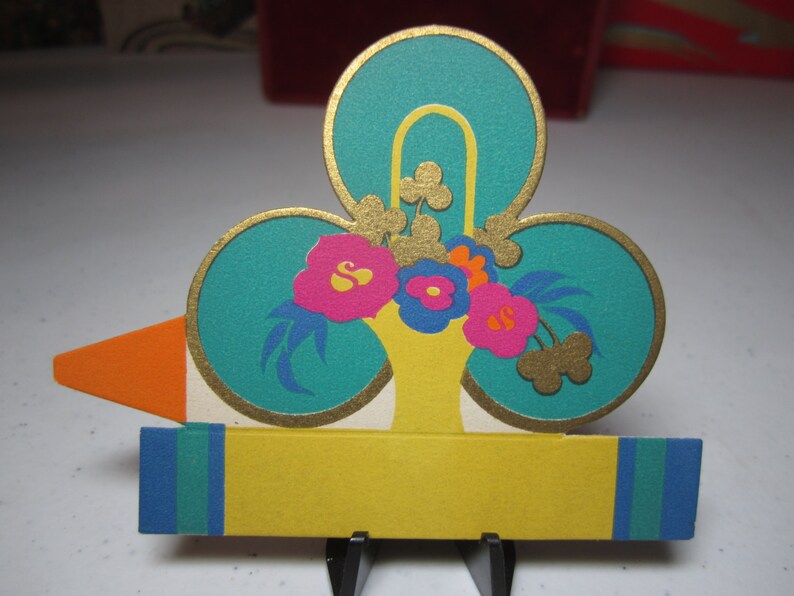 Unused art deco 1920/'s-30/'s gold gilded Gibson St.Patrick/'s themed place card bright green clover colorful basket of stylized deco flowers